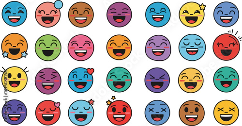 Assorted cartoon emoji faces in various colors conveying a range of positive emotion