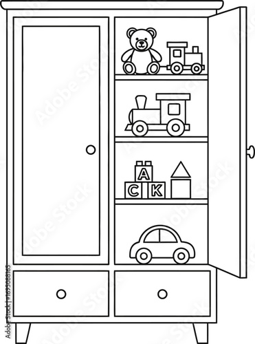 Outlined armoire displaying children's toys illustration for creative projects and learning