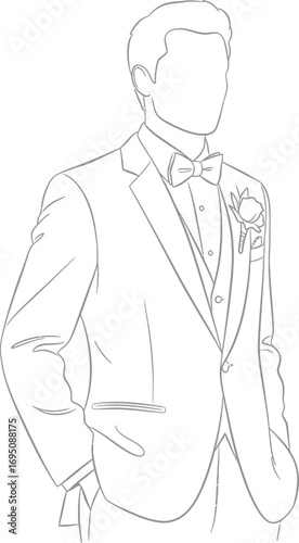 Elegant Groomsman Line Art Illustration: Modern Formal Wear Depiction with Bow Tie Details