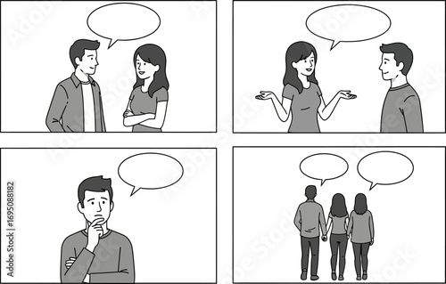 Four panel comic strip depicting interactions and reflections with space for custom dialogue