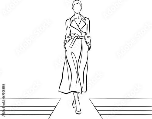 Stylized line drawing depicts a woman in a trench coat walking confidently on a runway minimalist