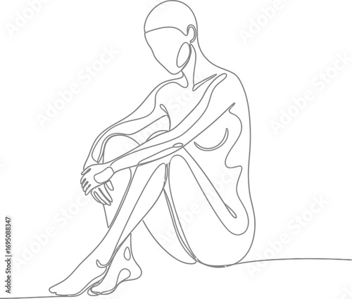Minimalist continuous line drawing expressing introspection and contemplation of a female figure