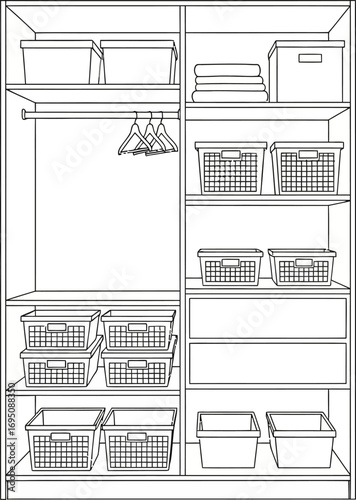Neatly organized closet showcasing various storage solutions and a minimalist design aesthetic
