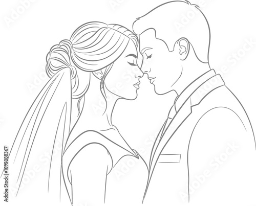 Delicate lines depict a newlywed couple sharing a tender moment of matrimonial bliss