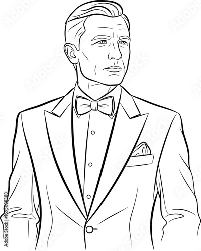 Line art illustration depicting an elegant man in a suit evoking sophistication and style