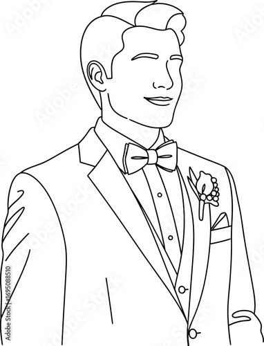 Elegant monochrome groom illustration in classic formalwear evokes timeless sophistication for