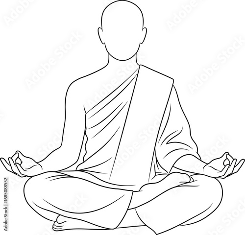 Line art illustration portraying serene figure in meditative lotus pose focused on mindfulness