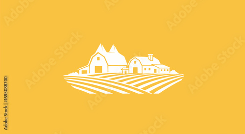 Simple illustration of farm buildings and fields rural landscape.