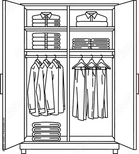 Open wardrobe with neatly folded clothing and hanging garments providing storage illustration