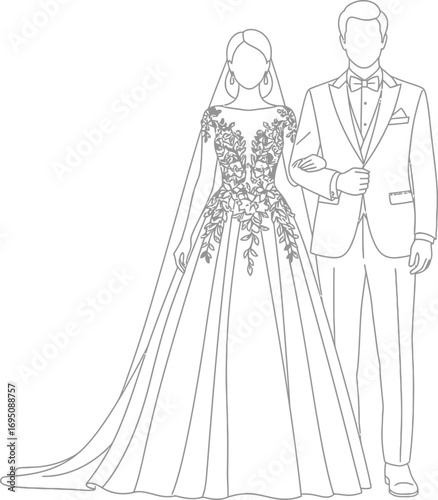 Elegant monochrome wedding illustration of bride and groom in classic attire for invitations