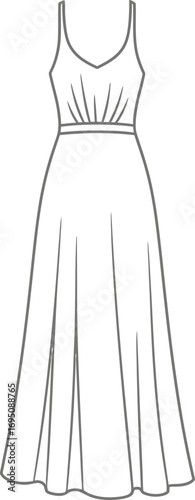 Elegant flowy dress sketch with spaghetti straps and cinched waist for designs