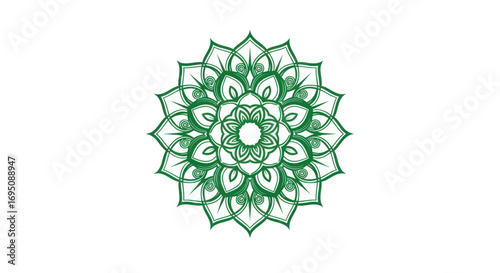 Intricate Green Mandala Design with Symmetrical Floral Patterns.