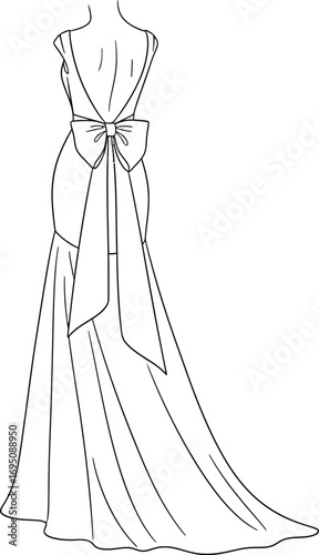 Elegant back view bridal gown sketch adorned with a voluminous bow and flowing train creating an