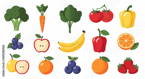 Playful fruit and vegetable characters for healthy kids' education and fun nutrition concepts