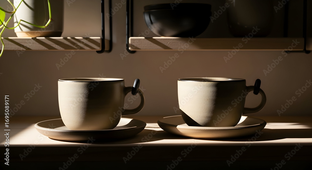 Obraz premium Exquisite Ceramic Coffee Cups Set Against a Backdrop of Muted Tones And Natural Light