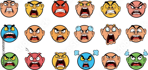Collection of diverse cartoon facial expressions showcasing intense anger and frustration emotions