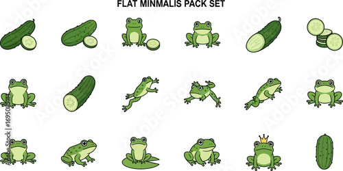 Minimalist vector illustration featuring diverse frog poses and fresh cucumber variations set on