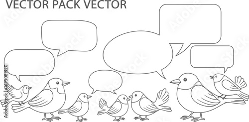 Chirping dialogue: A flock of birds in conversation with customizable speech bubbles vector design