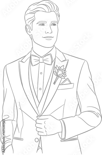Elegant line drawing of a groom in a classic tuxedo expressing refined style for celebrations