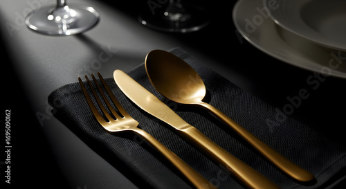 Exquisite Golden Cutlery Presentation Against a Dramatic Dark Background Setting