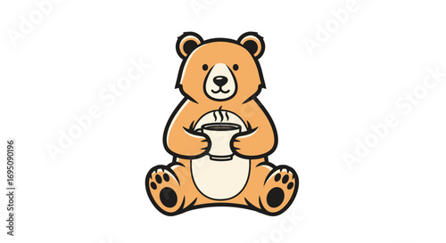 Cute cartoon teddy bear sitting and holding a hot coffee cup.