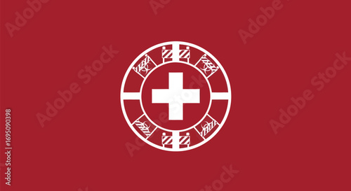 White cross within a circle on a red background a symbol of faith.