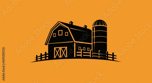 Classic farm scene silhouette featuring a barn silo and fence in rural setting.