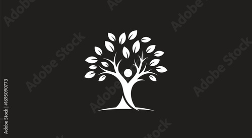 Human figure integrated into a tree with lush leaves symbolizing growth and connection.