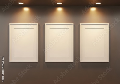 Three empty picture frames hanging on a dark wall with spotlights above