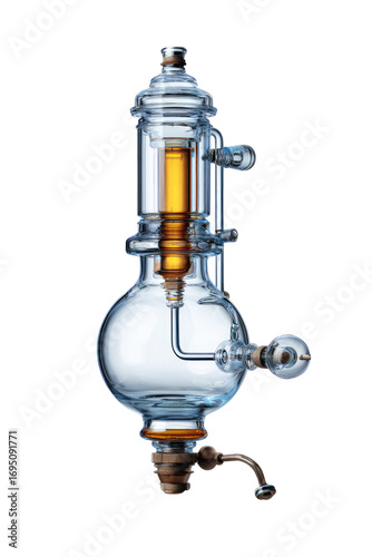 Clear glass apparatus with internal golden liquid.  A tall, cylindrical glass vessel connects to a bulbous base.  Internal tubes and components are visible,  illuminating golden liquid within.