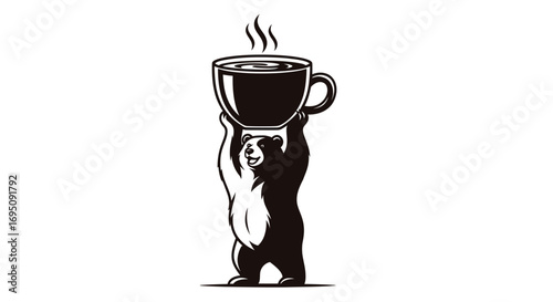 Stylized black and white bear holding a large steaming coffee cup.