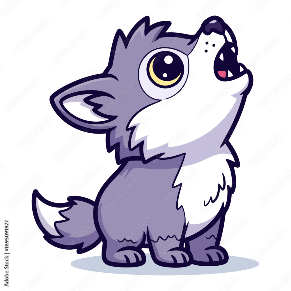 Fototapeta premium Cute Cartoon Wolf Pup Howling at the Sky
