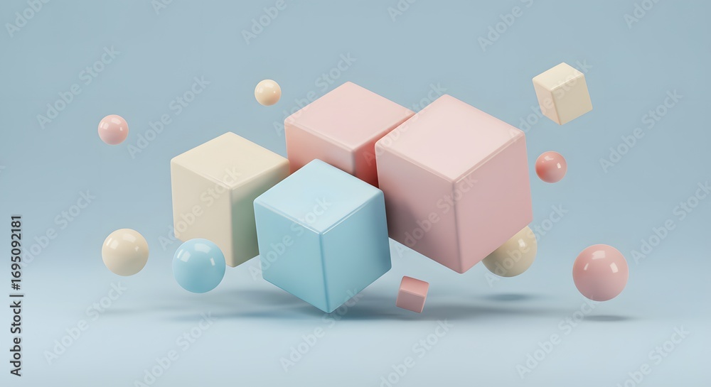 Fototapeta premium Pastel cubes and spheres floating in a light blue space creating a soft and dreamy composition scene