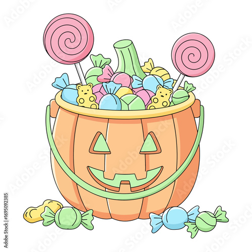 Vibrant illustration of a festive Halloween candy bucket overflowing with a sweet assortment of delicious confections and colorful lollipops