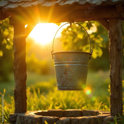 Golden Hour Sunlight Shines on Old Metal Bucket Hanging Over Stone Well
