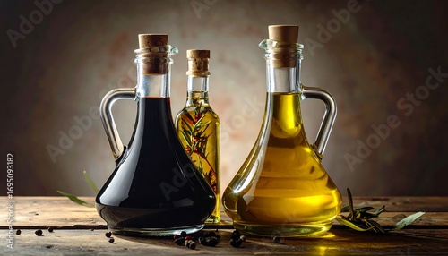 Wallpaper Mural Three glass bottles of various culinary oils and vinegars sit on a rustic wooden surface, showcasing a rich array of colors and textures. Torontodigital.ca