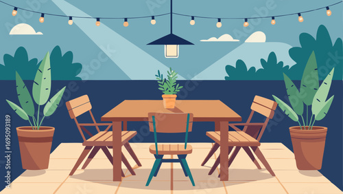 An outdoor patio with a wooden dining table surrounded by mismatched chairs string lights hanging overhead and a potted plant in a handpainted ceramic pot.