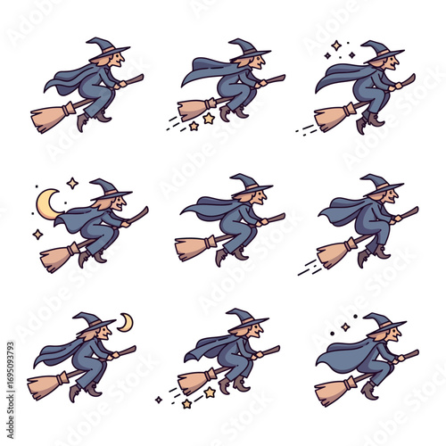 Witch Flying on Broomstick in Various Poses and Magical Elements