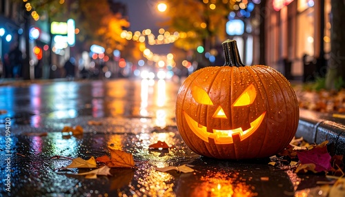 Fototapeta Naklejka Na Ścianę i Meble -  A vibrant jack-o'-lantern sits on a wet city street at night, illuminated by an eerie glow, surrounded by colorful reflections and fallen autumn leaves.