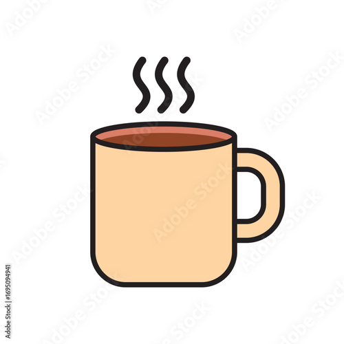 Flat vector illustration of a hot coffee cup with steam rising. Simple minimal design for café, breakfast, relaxation, beverages, menu, food, and drink concepts.