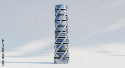 Modern architecture design of a futuristic twisted skyscraper building with glass facade and helical structure