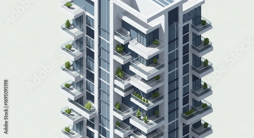 Modern apartment building architecture design with balconies and plants real estate development project