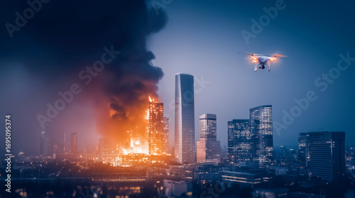 Wallpaper Mural Firefighters Battling Skyscraper Blaze with Drones Overhead, Emergency Response Scene, Modern Urban Firefighting and Rescue Illustration Torontodigital.ca