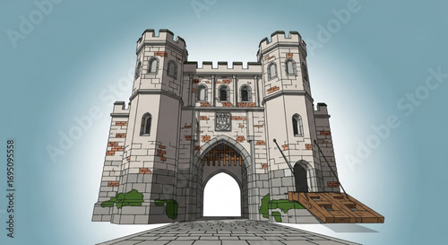 Illustration of medieval castle gatehouse with drawbridge architecture and stone wall fortress design art
