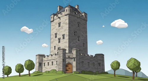 Cartoon castle illustration of medieval tower with blue sky and green landscape architecture design