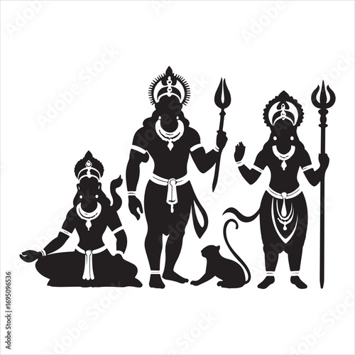 Spiritual Icons Hanuman, Rama, and Sita Silhouettes , black colour vactor 