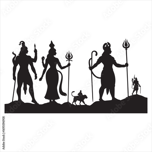 Spiritual Icons Hanuman, Rama, and Sita Silhouettes , black colour vactor 