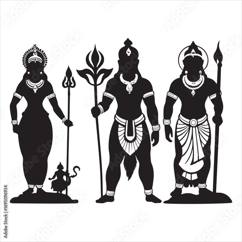 Spiritual Icons Hanuman, Rama, and Sita Silhouettes , black colour vactor 