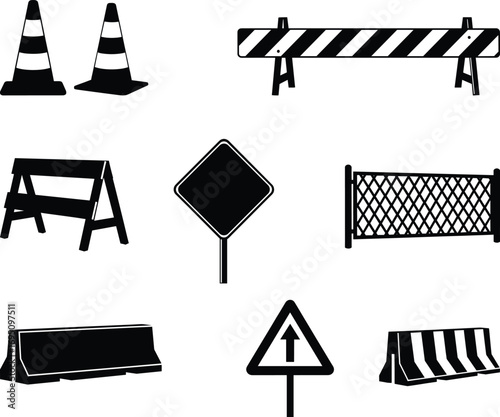 Construction Safety Barriers and Road Signs Vector Set – Traffic Cones, Barricades, Fencing, Concrete Barriers, and Directional Warning Signs Icons