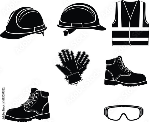 Construction Safety PPE Vector Icons Set – Hard Hats, Boots, Gloves, Goggles, and Reflective Vest – Essential Protective Equipment Illustration